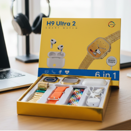 H9 Ultra 2 Smart Watch | Original Full Display | AirPods 3 BT | 6‑in‑1 Set with Cover & Straps