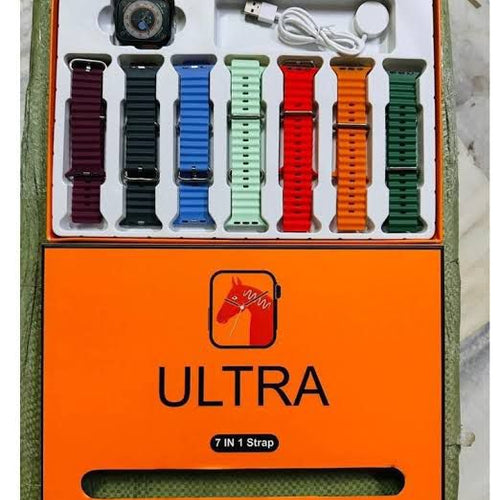 Ultra Smart Watch Bundle with 7-in-1 Interchangeable Straps, Fitness Tracker, Bluetooth Call, Heart Rate Monitor, & Wireless Charging Case